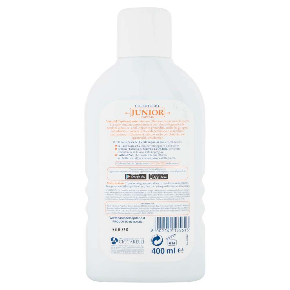 Pasta del Capitano Collutorio Junior Captain +6 anni Gusto Menta Dolce 400 ml